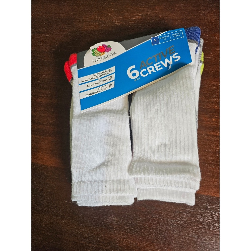 Fruit of the Loom Active Crew Socks Boys L White 6 Pair Pack Moisture Control